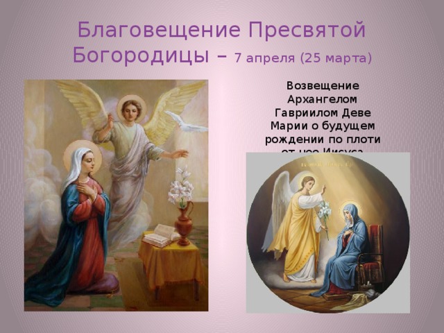 Благовещение Пресвятой Богородицы – 7 апреля (25 марта) Возвещение Архангелом Гавриилом Деве Марии о будущем рождении по плоти от нее Иисуса Христа. 