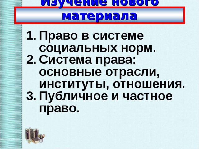 Изучение нового материала Право в системе социальных норм. Система права: основные отрасли, институты, отношения. Публичное и частное право.  