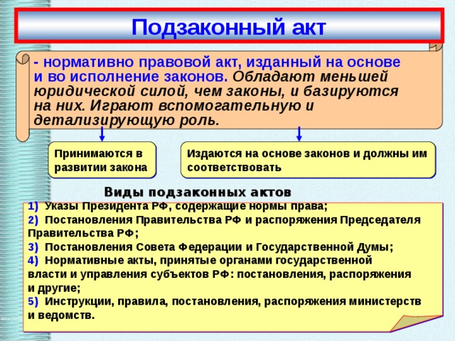 Подзаконный акт - нормативно правовой акт, изданный на основе и во исполнение законов.  Обладают меньшей юридической силой, чем законы, и базируются на них. Играют вспомогательную и детализирующую роль. Издаются на основе законов и должны им соответствовать Принимаются в развитии закона Виды подзаконных актов Указы Президента РФ, содержащие нормы права; Постановления Правительства РФ и распоряжения Председателя Правительства РФ; Постановления Совета Федерации и Государственной Думы; Нормативные акты, принятые органами государственной власти и управления субъектов РФ: постановления, распоряжения и другие; Инструкции, правила, постановления, распоряжения министерств и ведомств. 