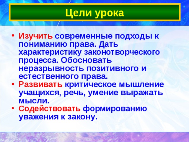 Цели урока Изучить современные подходы к пониманию права . Дать характеристику законотворческого процесса.  Обосновать неразрывность позитивного и естественного права. Развивать  критическое мышление учащихся, речь, умение выражать мысли. Содействовать  формированию уважения к закону .  