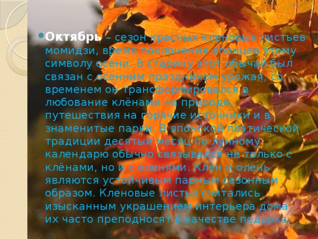Октябрь – сезон красных кленовых листьев момидзи, время поклонения японцев этому символу осени. В старину этот обычай был связан с осенним праздником урожая, со временем он трансформировался в любование клёнами на природе, путешествия на горячие источники и в знаменитые парки. В японской поэтической традиции десятый месяц по лунному календарю обычно связывался не только с клёнами, но и с оленями. Клён и олень являются устойчивым парным сезонным образом. Кленовые листья считались изысканным украшением интерьера дома, их часто преподносят в качестве подарка.   