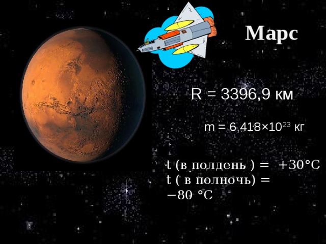 Марс R = 3396,9 км m = 6,418×10 23  кг t ( в полдень ) = +30°C t ( в полночь ) = −80 °С 