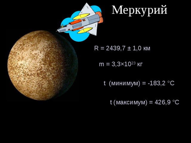 Меркурий R = 2439,7 ± 1,0 км m = 3,3×10 23 кг t ( минимум ) = -183,2 °C t ( максимум ) = 426,9 °C  