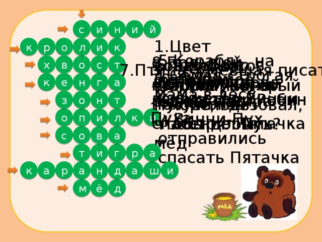 н с и и й 1.Цвет воздушного шарика, который Пух использовал, чтобы добыть мёд к р к о и л 5.Корабль, на котором Кристофер Робин и Винни-Пух отправились спасать Пятачка 8.Большой любитель рыбьего жира 6.Что было в голове у Пуха? 9.Подарок, который Винни получил за спасение Пятачка с х в о т 7.Птица, умевшая писать 4.Самая строгая мама в лесу 10.Любимое лакомство Винни-Пуха 3.Что потерял ослик Иа? к е 2.Кто жил в норе, где застрял Пух? г н а о н з т п о л к и и в а с о а т г р и и р д а ш а к н а ё д м  