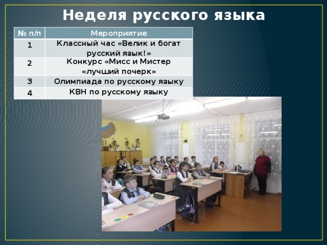 Неделя русского языка № п/п Мероприятие 1 Классный час «Велик и богат русский язык!» 2 Конкурс «Мисс и Мистер «лучший почерк» 3 Олимпиада по русскому языку 4 КВН по русскому языку 