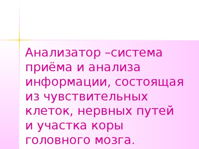 Анализатор –система приёма и анализа информации, состоящая из чувствительных клеток, нервных путей и участка коры головного мозга. 