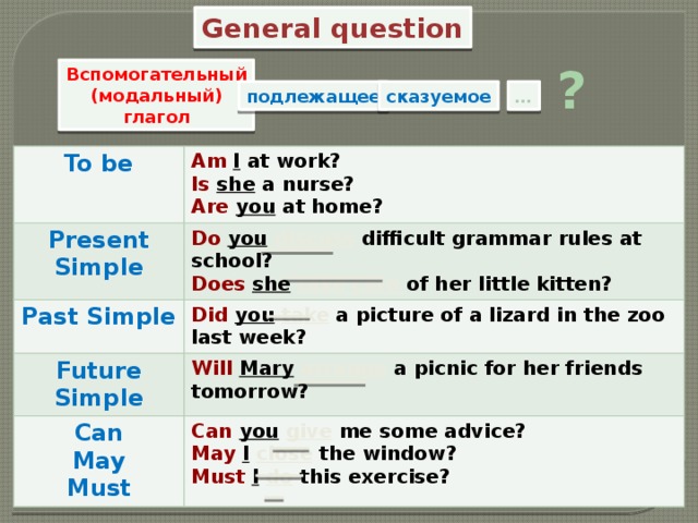 General question ? Вспомогательный (модальный) глагол подлежащее сказуемое … To be Present Simple Am  I at work? Is  she a nurse? Do  you  discuss difficult grammar rules at school? Past Simple Does  she  take care of her little kitten? Did you  take a picture of a lizard in the zoo last week? Future Simple Are  you at home? Will  Mary  arrange a picnic for her friends tomorrow? Can Can  you  give me some advice? May May  I  close  the window? Must Must  I  do this exercise? 