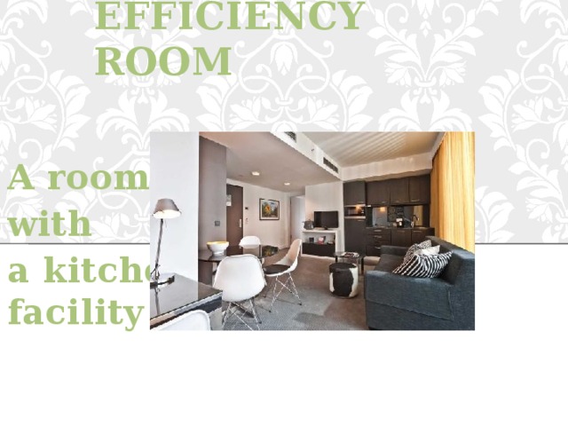EFFICIENCY ROOM A room with a kitchen facility 