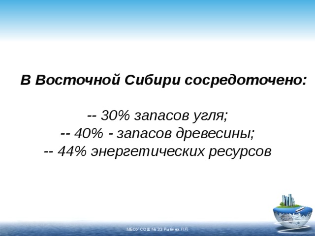  В Восточной Сибири сосредоточено:   -- 30% запасов угля;  -- 40% - запасов древесины;  -- 44% энергетических ресурсов МБОУ СОШ № 33 Рыбина Л.Л. 
