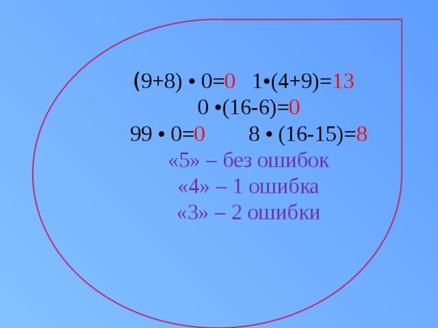 ( 9+8) • 0= 0 1•(4+9)= 13   0 •(16-6)= 0 99 • 0= 0 8 • (16-15)= 8 «5» – без ошибок «4» – 1 ошибка «3» – 2 ошибки 
