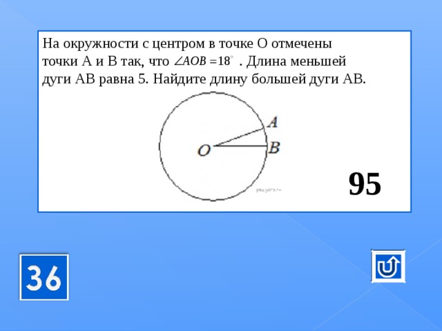 На окруж­но­сти с цен­тром в точке О от­ме­че­ны точки А и В так, что   . Длина мень­шей дуги АВ равна 5. Най­ди­те длину боль­шей дуги АВ. 95 