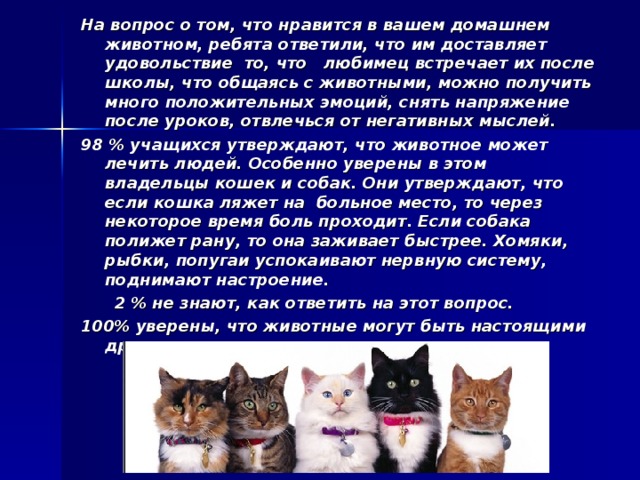 На вопрос о том, что нравится в вашем домашнем животном, ребята ответили, что им доставляет удовольствие то, что любимец встречает их после школы, что общаясь с животными, можно получить много положительных эмоций, снять напряжение после уроков, отвлечься от негативных мыслей. 98 % учащихся утверждают, что животное может лечить людей. Особенно уверены в этом владельцы кошек и собак. Они утверждают, что если кошка ляжет на больное место, то через некоторое время боль проходит. Если собака полижет рану, то она заживает быстрее. Хомяки, рыбки, попугаи успокаивают нервную систему, поднимают настроение.  2 % не знают, как ответить на этот вопрос. 100% уверены, что животные могут быть настоящими друзьями. 