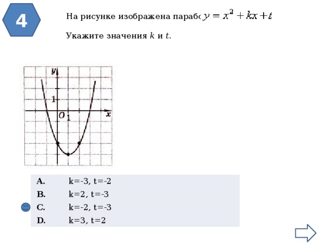 4 На рисунке изображена парабола   Укажите значения  k  и  t .     A.   B. k=-3, t=-2   C. k=2, t=-3 k=-2, t=-3   D. k=3, t=2 