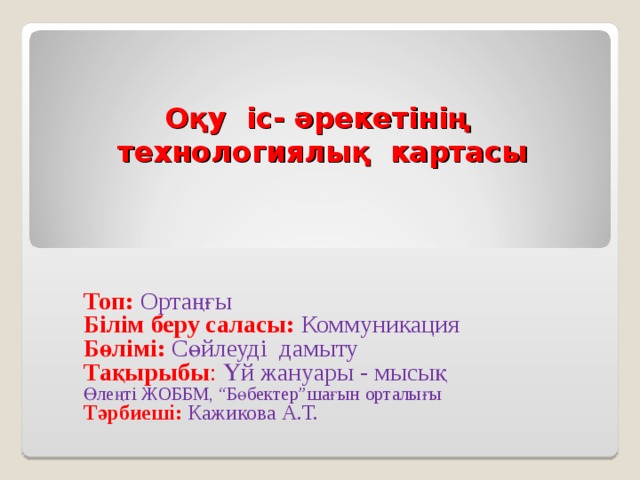 Оқу іс- әрекетінің технологиялық картасы    Топ: Ортаңғы Білім беру саласы: Коммуникация  Бөлімі: Сөйлеуді дамыту Тақырыбы : Үй жануары - мысық Өлеңті ЖОББМ, “Бөбектер”шағын орталығы Тәрбиеші: Кажикова А.Т. 