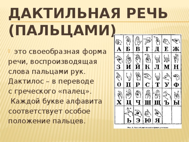 Дактильная речь (пальцами)   это своеобразная форма речи, воспроизводящая слова пальцами рук. Дактилос – в переводе с греческого «палец».  Каждой букве алфавита соответствует особое положение пальцев. 