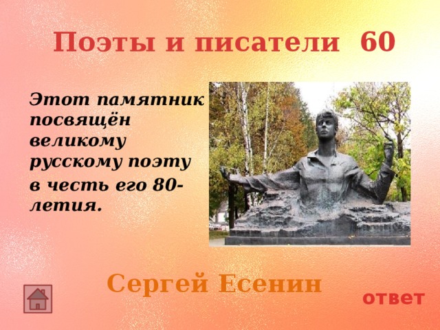  Поэты и писатели 60 Этот памятник посвящён великому русскому поэту в честь его 80-летия. Сергей Есенин ответ 