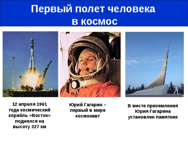 Первый полет человека в космос 12 апреля 1961 года космический корабль «Восток» поднялся на высоту 327 км Юрий Гагарин – первый в мире космонавт В месте приземления Юрия Гагарина установлен памятник