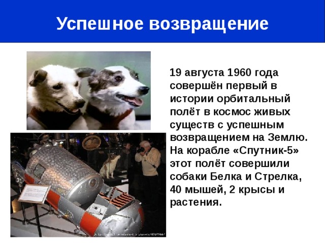 Успешное возвращение 19 августа 1960 года совершён первый в истории орбитальный полёт в космос живых существ с успешным возвращением на Землю. На корабле «Спутник-5» этот полёт совершили собаки Белка и Стрелка, 40 мышей, 2 крысы и растения.