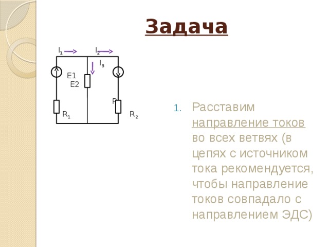 Задача Расставим направление токов во всех ветвях (в цепях с источником тока рекомендуется, чтобы направление токов совпадало с направлением ЭДС) I 1 I 2  I 3  Е1 Е2   R 3  R 1 R 2 