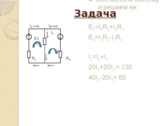 Задача 4. Составляем систему и решаем ее: I 1 I 2 I 1 =I 2 +I 3  I 3 Е 1 =I 1 R 1 +I 3 R 3  Е1 Е2   R 3 E 2 =I 2 R 2 -I 3 R 3  R 1 R 2 I 1 =I 2 +I 3 20I 1 +20I 3 = 130 40I 2 -20I 3 = 85 