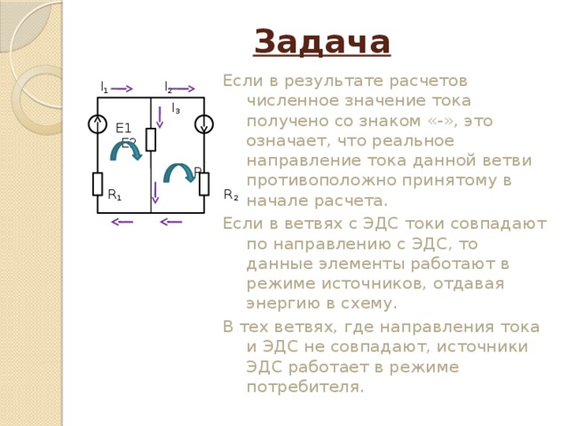 Задача Если в результате расчетов численное значение тока получено со знаком «-», это означает, что реальное направление тока данной ветви противоположно принятому в начале расчета. Если в ветвях с ЭДС токи совпадают по направлению с ЭДС, то данные элементы работают в режиме источников, отдавая энергию в схему. В тех ветвях, где направления тока и ЭДС не совпадают, источники ЭДС работает в режиме потребителя. I 1 I 2  I 3  Е1 Е2   R 3  R 1 R 2 