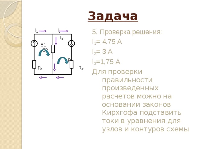 Задача I 1 I 2 5. Проверка решения: I 1 = 4.75 А  I 3 I 2 = 3 А  Е1 Е2 I 3 =1,75 А   R 3 Для проверки правильности произведенных расчетов можно на основании законов Кирхгофа подставить токи в уравнения для узлов и контуров схемы  R 1 R 2 