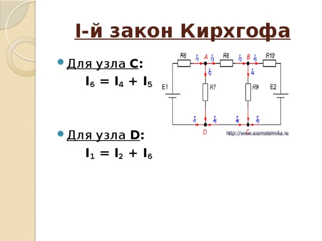 I-й закон Кирхгофа Для узла  C : I 6  = I 4  + I 5     Для узла  D : I 1  = I 2  + I 6   