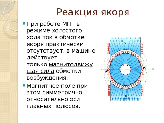 Реакция якоря При работе МПТ в режиме холостого хода ток в обмотке якоря практически отсутствует, в машине действует только  магнитодвижущая сила   обмотки возбуждения. Магнитное поле при этом симметрично относительно оси главных полюсов. 