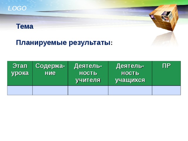 Тема  Планируемые результаты : Этап урока Содержа-ние Деятель-ность учителя Деятель-ность учащихся ПР 