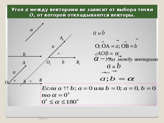 Угол α между векторами не зависит от выбора точки О , от которой откладываются векторы. 04.05.17  