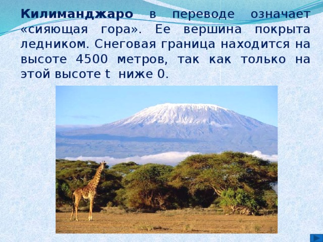 Килиманджаро в переводе означает «сияющая гора». Ее вершина покрыта ледником. Снеговая граница находится на высоте 4500 метров, так как только на этой высоте t ниже 0. 