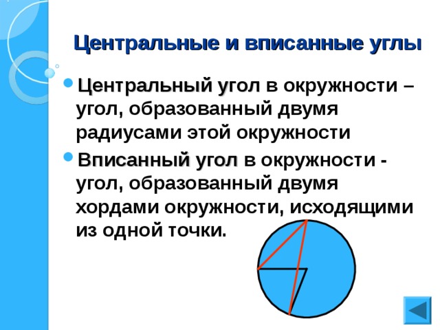 Центральные и вписанные углы Центральный угол в окружности – угол, образованный двумя радиусами этой окружности Вписанный угол в окружности - угол, образованный двумя хордами окружности, исходящими из одной точки. 