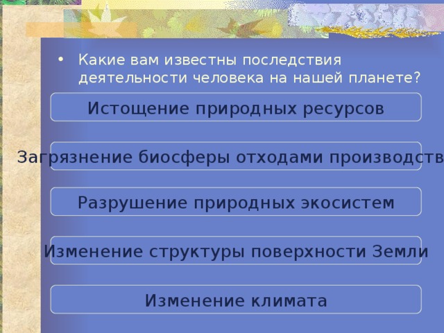 Какие вам известны последствия деятельности человека на нашей планете? Истощение природных ресурсов Загрязнение биосферы отходами производства Разрушение природных экосистем Изменение структуры поверхности Земли Изменение климата 