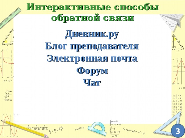 Интерактивные способы обратной связи Дневник.ру Блог преподавателя Электронная почта Форум Чат 3 