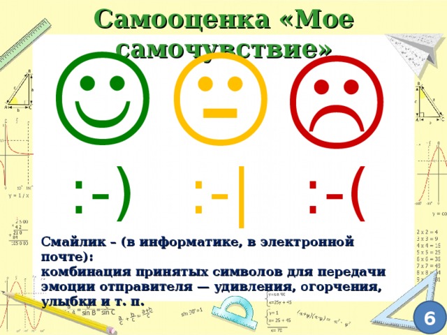 Самооценка «Мое самочувствие»    :-) :- | :-( Смайлик – (в информатике, в электронной почте): комбинация принятых символов для передачи эмоции отправителя — удивления, огорчения, улыбки и т. п. 6 