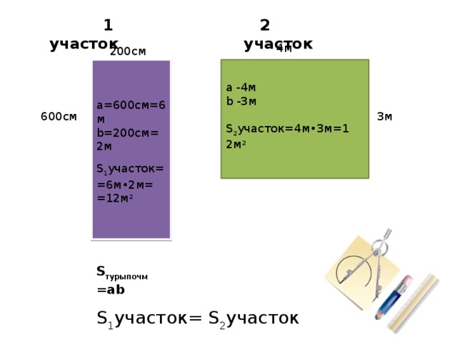  1 участок  2 участок  4м  200см a -4м b -3м S 2 участок=4м•3м=12м 2 а=600см=6м b=200см=2м S 1 участок= =6м•2м= =12м 2 3м 600см S турыпочм =аb S 1 участок= S 2 участок 
