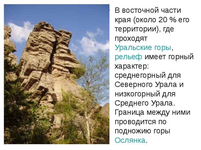 В восточной части края (около 20 % его территории), где проходят Уральские горы , рельеф имеет горный характер: среднегорный для Северного Урала и низкогорный для Среднего Урала. Граница между ними проводится по подножию горы Ослянка .  