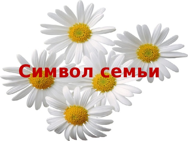 Символ семьи Это символ нашей семьи РОМАШКИ ! Семья-уникальное объединение людей разного возраста, основанное на кровнородственных отношениях . Посмотрите в глаза родителям, Только очень прошу, внимательно, Как грустят, когда вы обидели, Хоть скрывают порой старательно.   Как надеждой лучатся искренно, От беды заградить стараются, И воюют за вас неистово Если что-то опять случается.   Посмотрите в глаза родителям, Их любовь вы ничем не измерите Ведь они — ваших душ хранители, Если в ангелов вы не верите.   Посмотрите в глаза любимые, Навсегда-навсегда запомните, Что они лишь тогда счастливые, Когда вы их собой наполните.   
