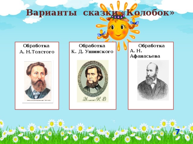 Варианты сказки «Колобок»  Обработка А. Н. Афанасьева Обработка Обработка А. Н.Толстого К. Д. Ушинского  