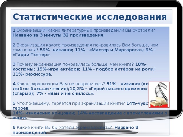 Статистические исследования 1. Экранизации каких литературных произведений Вы смотрели? Названо за 3 минуты 32 произведения. 2 .Экранизация какого произведения понравилась Вам больше, чем сама книга? 59% -никакая; 11% - «Мастер и Маргарита»; 9% - «Гарри Поттер».  3 .Почему экранизация понравилась больше, чем книга? 18%-костюмы; 15%-игра актёров; 11% - подбор актёров на роли; 11%- режиссура. 4 .Какая экранизация Вам не понравилась? 31% - никакая (кино люблю больше чтения);10,3% - «Герой нашего времени» (старый); 7% - «Вам и не снилось». 5. Что,по-вашему, теряется при экранизации книги? 14%-чувства героев; 14%- изменение концовки; 14%-несовпадение с впечатлениями о книге. 6. Какие книги Вы бы хотели экранизировать? Названо 8 произведений. 