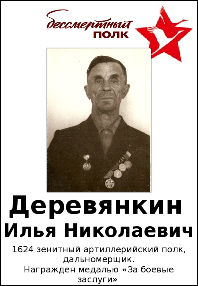 Деревянкин   Илья Николаевич 1624 зенитный артиллерийский полк, дальномерщик. Награжден медалью «За боевые заслуги»