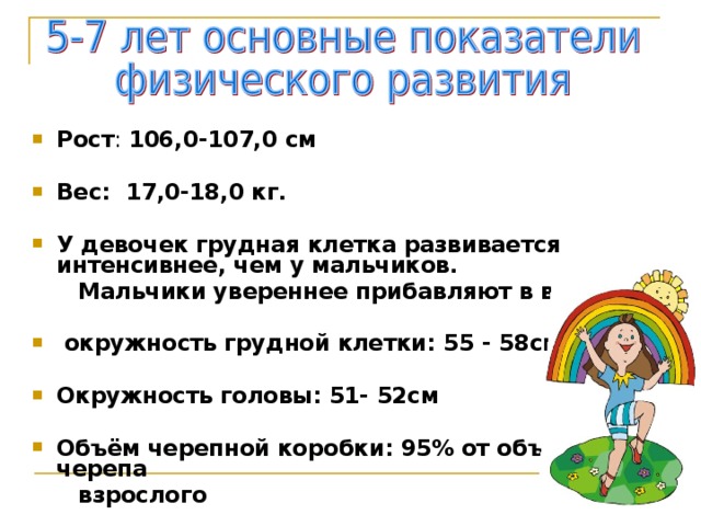  Рост : 106,0-107,0 см   Вес: 17,0-18,0 кг.  У девочек грудная клетка развивается интенсивнее, чем у мальчиков.  Мальчики увереннее прибавляют в весе.   окружность грудной клетки: 55 - 58см  Окружность головы: 51- 52см  Объём черепной коробки: 95% от объёма черепа  взрослого  