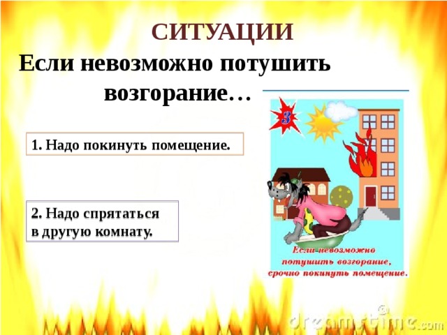 СИТУАЦИИ Если невозможно потушить возгорание… 1. Надо покинуть помещение. 2. Надо спрятаться в другую комнату.