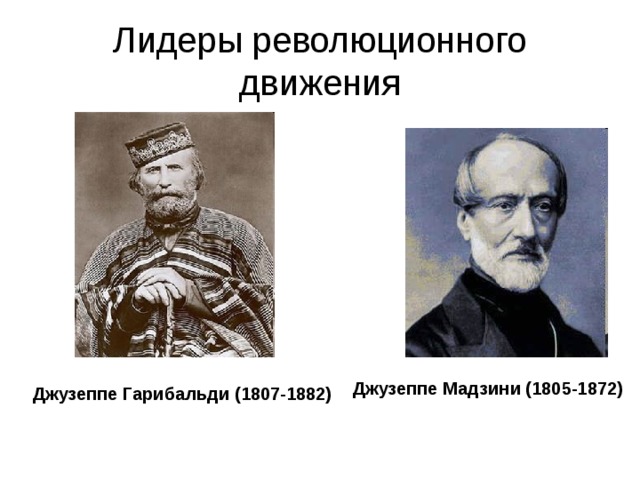 Лидеры революционного движения Джузеппе Мадзини (1805-1872) Джузеппе Гарибальди (1807-1882) 