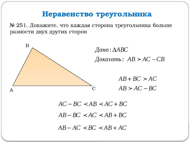 Неравенство треугольника № 251. Докажите, что каждая сторона треугольника больше разности двух других сторон  В С А 