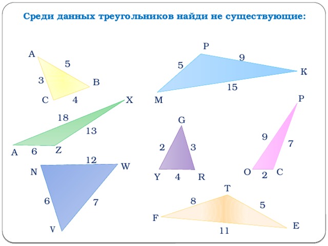 Среди данных треугольников найди не существующие: Р А 9 5 5 К 3 В 15 Р М С X 4 18 G 13 9 7 2 3 Z 6 A 12 W N О С 2 Y R 4 T 6 8 7 5 F E V 11 