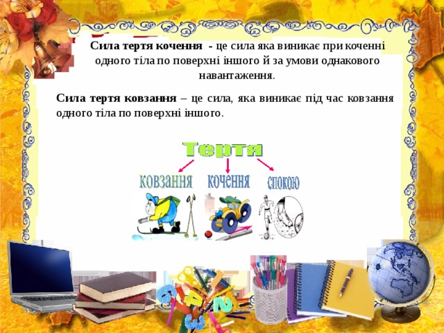      Сила тертя кочення  - це сила яка виникає при коченні одного тіла по поверхні іншого й за умови однакового навантаження .    Сила тертя ковзання – це сила, яка виникає під час ковзання одного тіла по поверхні іншого .  