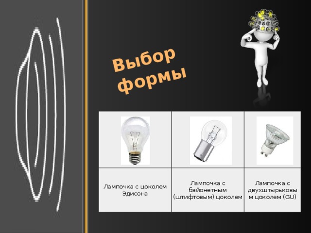 Выбор формы Лампочка с цоколем Эдисона Лампочка с байонетным (штифтовым) цоколем Лампочка с двухштырьковым цоколем (GU)  