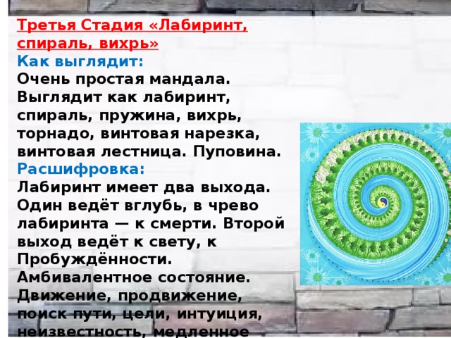 Третья Стадия «Лабиринт, спираль, вихрь» Как выглядит: Очень простая мандала. Выглядит как лабиринт, спираль, пружина, вихрь, торнадо, винтовая нарезка, винтовая лестница. Пуповина. Расшифровка: Лабиринт имеет два выхода. Один ведёт вглубь, в чрево лабиринта — к смерти. Второй выход ведёт к свету, к Пробуждённости. Амбивалентное состояние. Движение, продвижение, поиск пути, цели, интуиция, неизвестность, медленное продвижение по тоннелю, в конце которого ещё не видно света.  