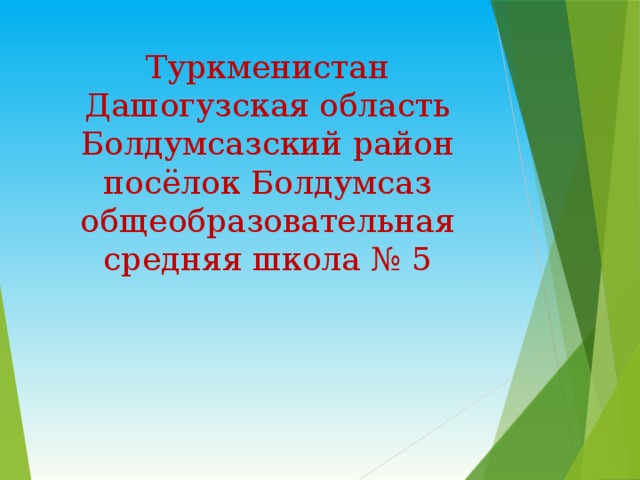 Туркменистан  Дашогузская область  Болдумсазский район  посёлок Болдумсаз  общеобразовательная средняя школа № 5   